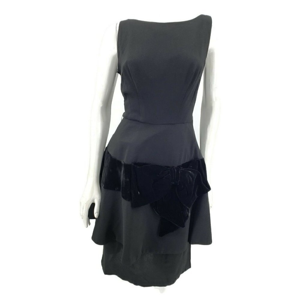VTG Miss Elliette Black Peplum Dress Womens Small/Medium? Sleeveless Velvet Bow